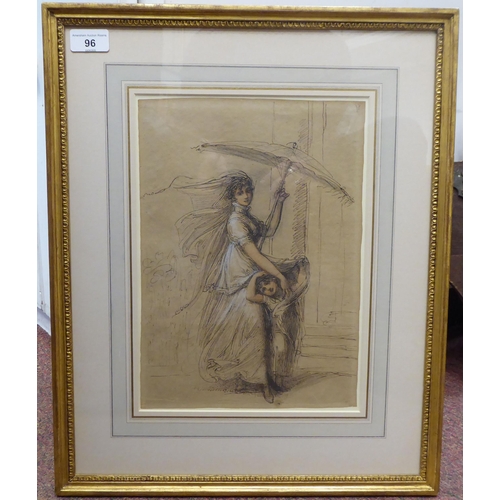 96 - A girl with a parasol and a young child&nbsp; watercolour&nbsp; sketch&nbsp; 12