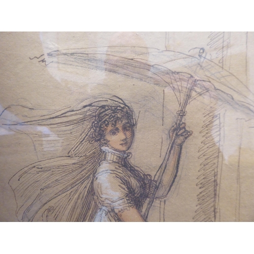 96 - A girl with a parasol and a young child&nbsp; watercolour&nbsp; sketch&nbsp; 12