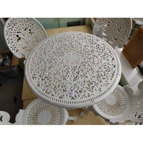 116 - A late Victorian, later white painted, five piece cast iron terrace set  comprising a table, ornamen... 