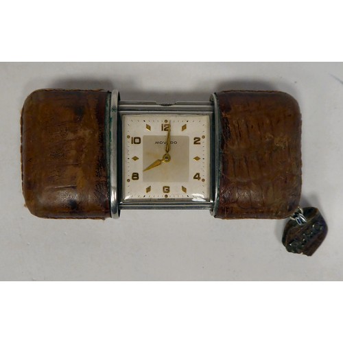 115 - A Movado Ermeto stitched snakeskin clad mechanical watch, faced by a gilded square Arabic dial, stam... 