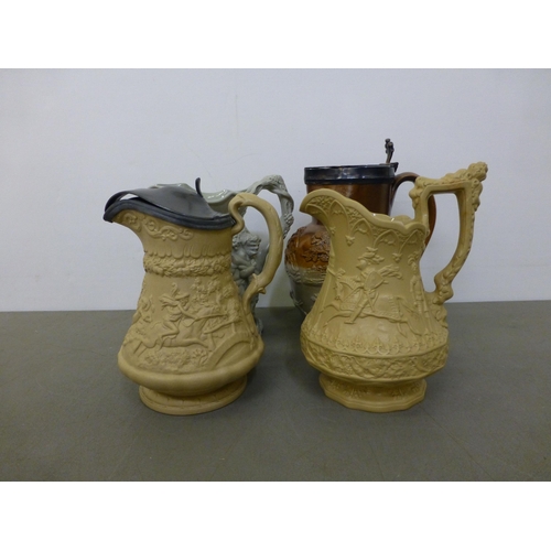 280 - 19thC and later jugs: to include a Victorian salt glazed Harvest jug with a silver plated lid&nbsp; ... 