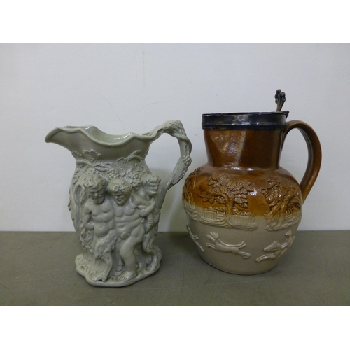 280 - 19thC and later jugs: to include a Victorian salt glazed Harvest jug with a silver plated lid&nbsp; ... 