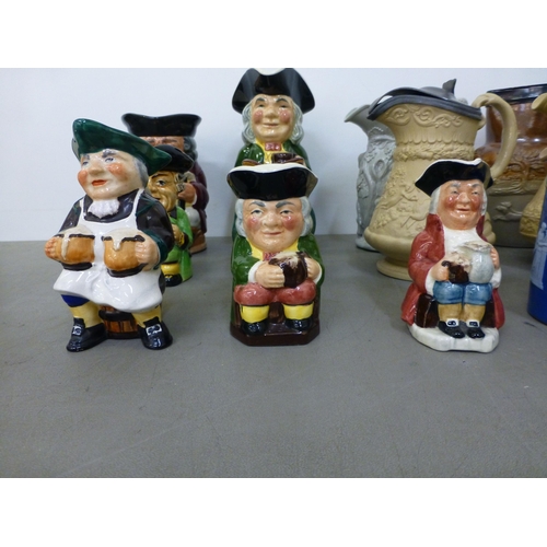 280 - 19thC and later jugs: to include a Victorian salt glazed Harvest jug with a silver plated lid&nbsp; ... 