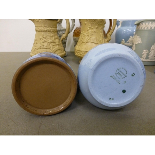 280 - 19thC and later jugs: to include a Victorian salt glazed Harvest jug with a silver plated lid&nbsp; ... 