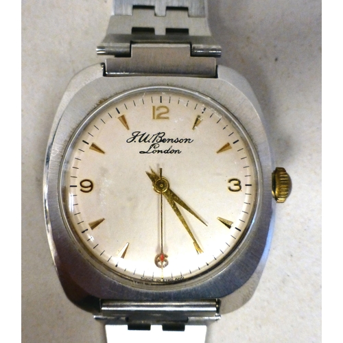 18 - A JW Benson stainless steel cased manual bracelet watch, faced by a baton and Arabic dial