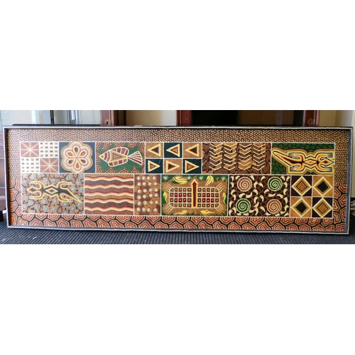 21 - An Aboriginal painting, depicting fish and other ornament, in muted colours and geometric forms  21