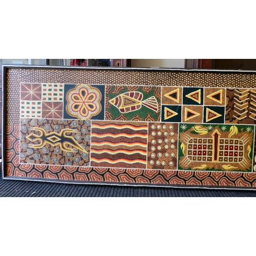 21 - An Aboriginal painting, depicting fish and other ornament, in muted colours and geometric forms  21