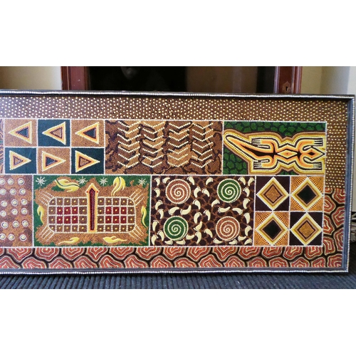 21 - An Aboriginal painting, depicting fish and other ornament, in muted colours and geometric forms  21
