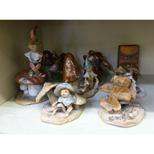 251 - Studio pottery sculptures: to include a gnome on a toadstool&nbsp; 9