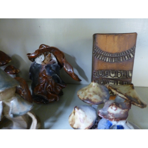 251 - Studio pottery sculptures: to include a gnome on a toadstool&nbsp; 9