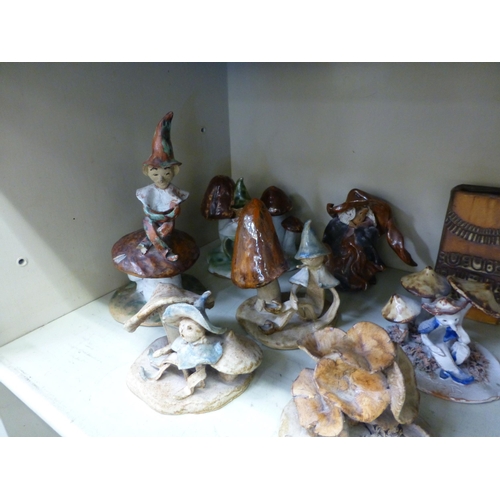 251 - Studio pottery sculptures: to include a gnome on a toadstool&nbsp; 9