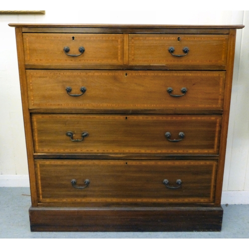 264 - An Edwardian satinwood inlaid mahogany dressing chest with two short/three long drawers, on a plinth... 