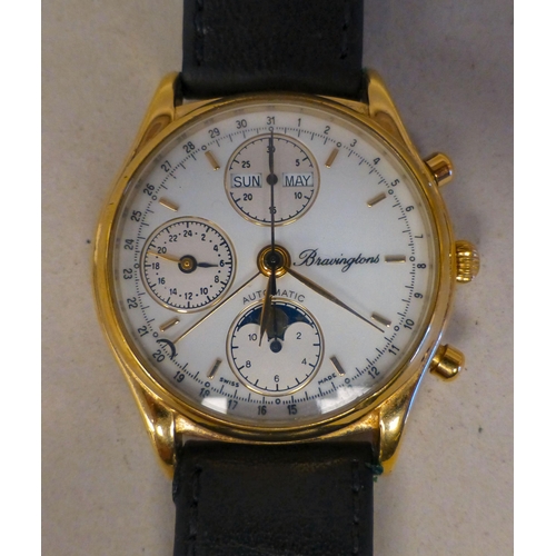 27 - A Bravington's gold plated automatic chronograph with a calendar moonphase, faced by a baton dial