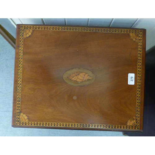270 - An Edwardian satinwood inlaid mahogany work table with fall flaps and two drawers, raised on square,... 