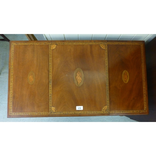 270 - An Edwardian satinwood inlaid mahogany work table with fall flaps and two drawers, raised on square,... 