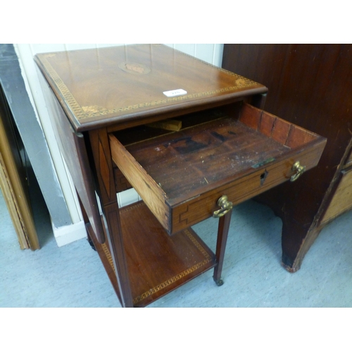 270 - An Edwardian satinwood inlaid mahogany work table with fall flaps and two drawers, raised on square,... 
