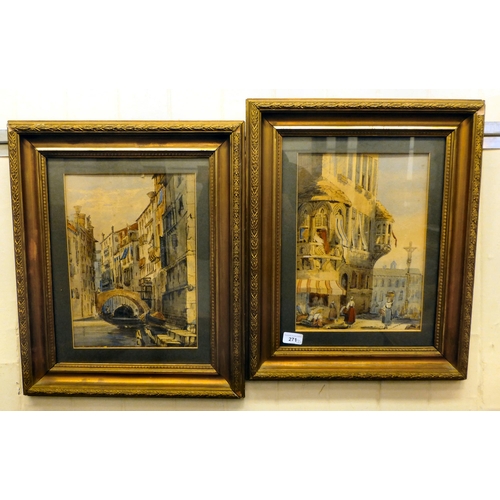 271 - A pair of late 19thC watercolours - Continental street scenes&nbsp; 13.5