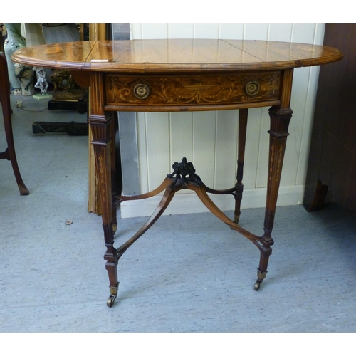 272 - An Edwardian string and marquetry inlaid, rosewood side table, the lozenge shaped top with two fall-... 