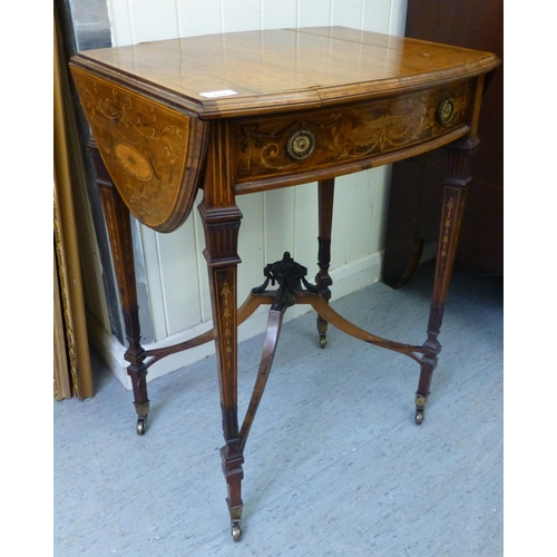 272 - An Edwardian string and marquetry inlaid, rosewood side table, the lozenge shaped top with two fall-... 