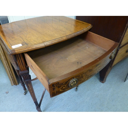 272 - An Edwardian string and marquetry inlaid, rosewood side table, the lozenge shaped top with two fall-... 