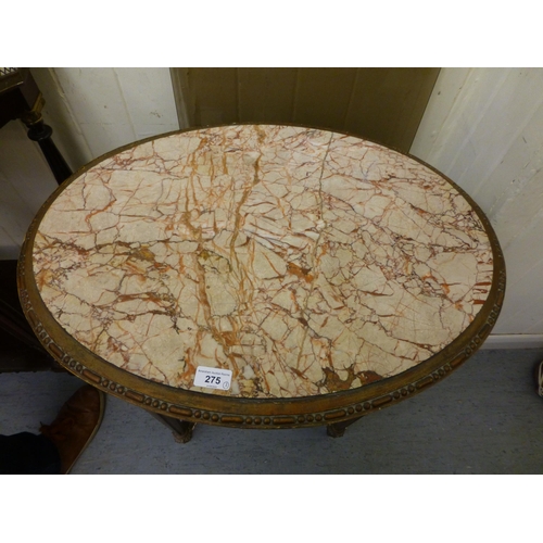 275 - A modern gilt overpainted lamp table, the lozenge shaped marble top raised on fluted, tapered legs, ... 