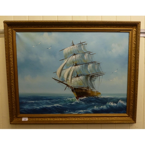 276 - A ship at sea  oil on canvas  bears an indistinct signature  22
