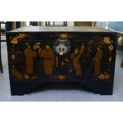 277 - A modern chinoiserie design black lacquered chest, decorated with figures on horseback  15.5