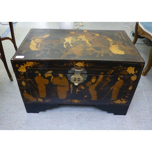 277 - A modern chinoiserie design black lacquered chest, decorated with figures on horseback  15.5