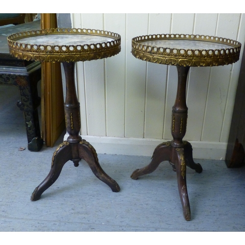 280 - A pair of modern Louis XVI design, stained beech pedestal tables with marble tops and gilt metal mou... 