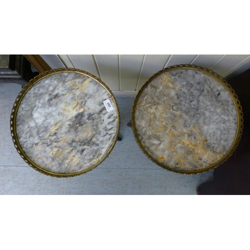 280 - A pair of modern Louis XVI design, stained beech pedestal tables with marble tops and gilt metal mou... 