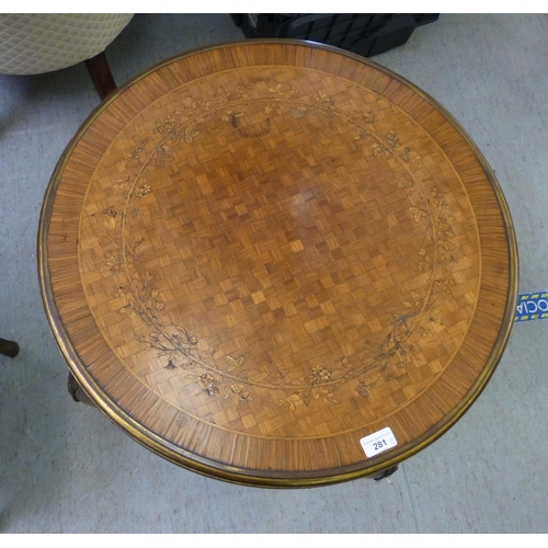 281 - A late 19thC French, brass bound parquetry inlaid kingwood side table, the top raised on cabriole le... 