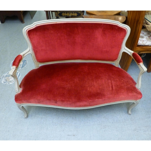 289 - A modern Louis XVI design, grey painted salon settee with an upholstered back and seat, raised on ca... 
