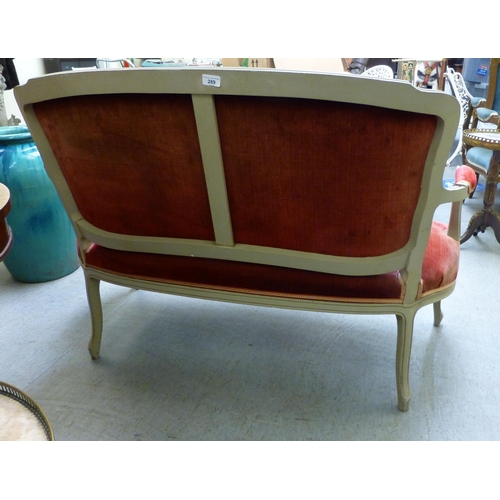 289 - A modern Louis XVI design, grey painted salon settee with an upholstered back and seat, raised on ca... 