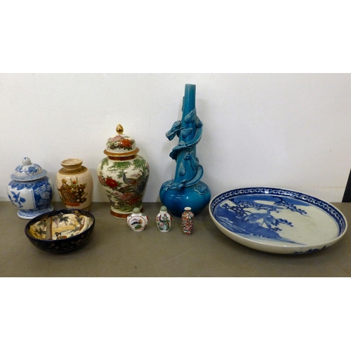 297 - Ceramics: to include a blue glazed earthenware vase, mounted with a coiled dragon&nbsp; 14