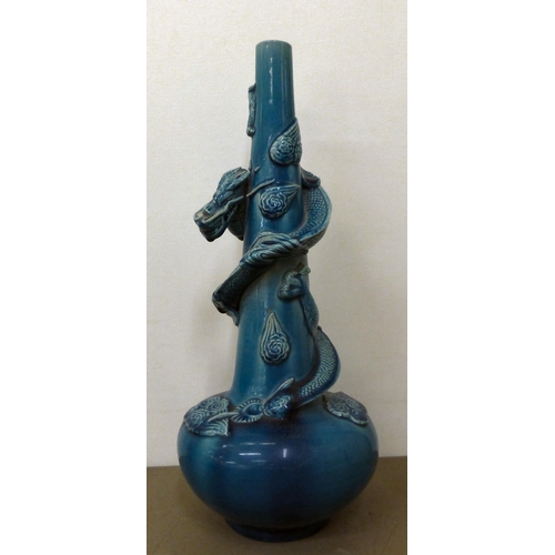 297 - Ceramics: to include a blue glazed earthenware vase, mounted with a coiled dragon&nbsp; 14