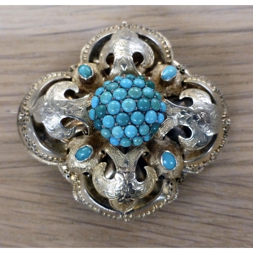 3 - A late Victorian style yellow metal, three dimensional, engraved and turquoise coloured bead set bro... 