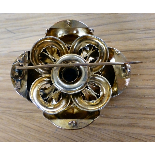 3 - A late Victorian style yellow metal, three dimensional, engraved and turquoise coloured bead set bro... 