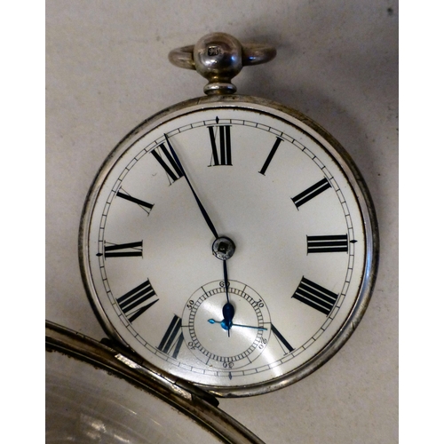 30 - Two similar early 20thC silver cased pocket watches, each faced by an enamelled Roman dial  mixed as... 