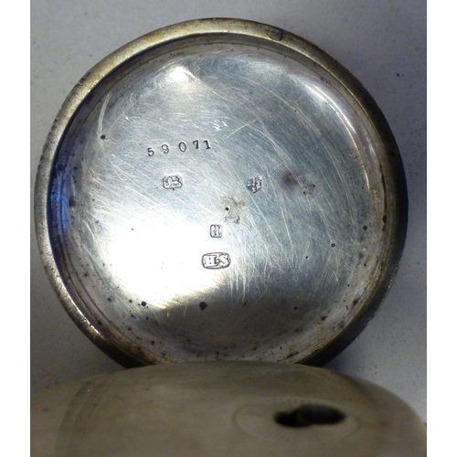 30 - Two similar early 20thC silver cased pocket watches, each faced by an enamelled Roman dial  mixed as... 