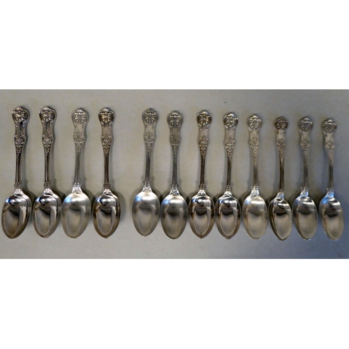 37 - A matched set of twelve silver Queens pattern dessert spoons  mixed Victorian and later marks  (appr... 