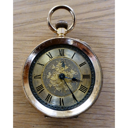 4 - A late Victorian yellow metal cased fob watch&nbsp; stamped 14k, faced by a Roman dial (dust cover i... 