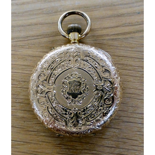 4 - A late Victorian yellow metal cased fob watch&nbsp; stamped 14k, faced by a Roman dial (dust cover i... 