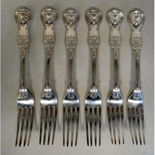 41 - A matched set of six silver Queens pattern table forks&nbsp; Victorian & later mixed marks&nbsp;... 