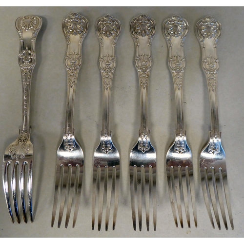 41 - A matched set of six silver Queens pattern table forks&nbsp; Victorian & later mixed marks&nbsp;... 