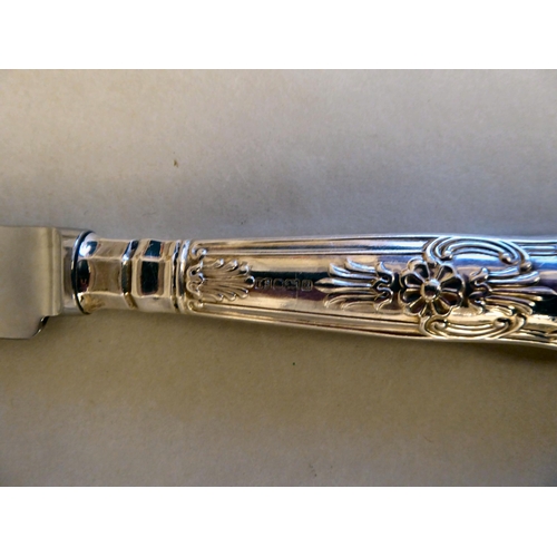 42 - A set of six stainless steel Queens pattern dinner knives, on loaded silver handles; a matching set ... 