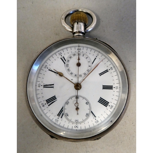 52 - An early 20thC silver cased chronograph pocket watch, faced by an enamelled Roman dial&nbsp; stamped... 