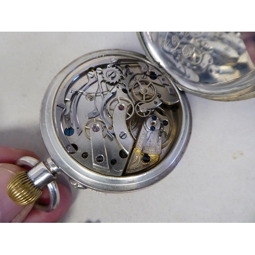 52 - An early 20thC silver cased chronograph pocket watch, faced by an enamelled Roman dial&nbsp; stamped... 