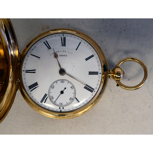 53 - A JW Benson 18ct gold cased Hunter pocket watch, movement no.43053, faced by an enamelled Roman dial... 