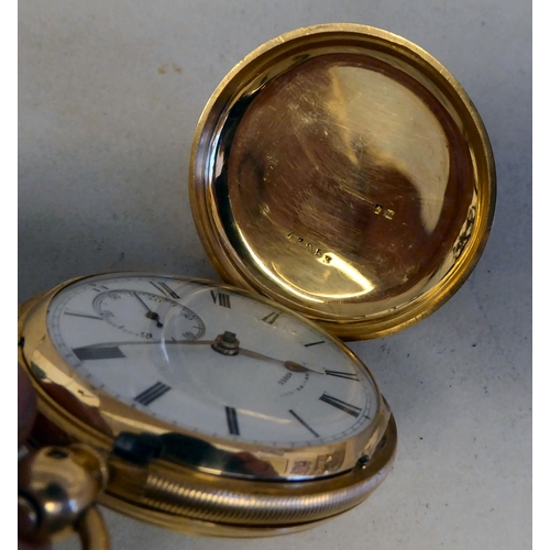 53 - A JW Benson 18ct gold cased Hunter pocket watch, movement no.43053, faced by an enamelled Roman dial... 
