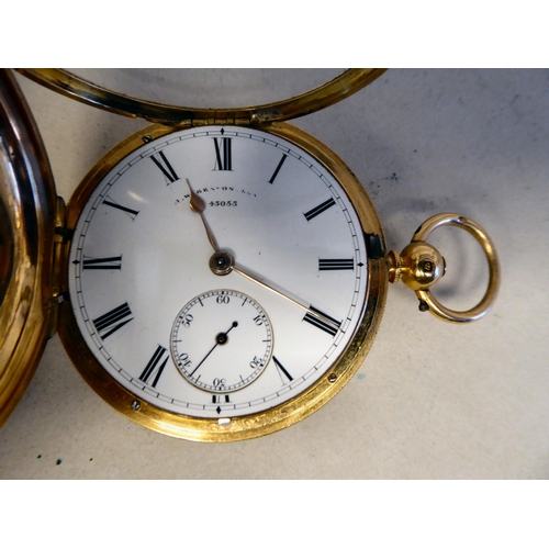 53 - A JW Benson 18ct gold cased Hunter pocket watch, movement no.43053, faced by an enamelled Roman dial... 